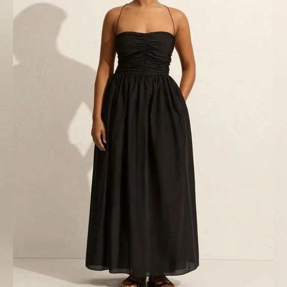 Matteau Gathered Lace Up Silk Cotton Maxi Dress Black Size 3 US 6 - Picture 11 of 11
